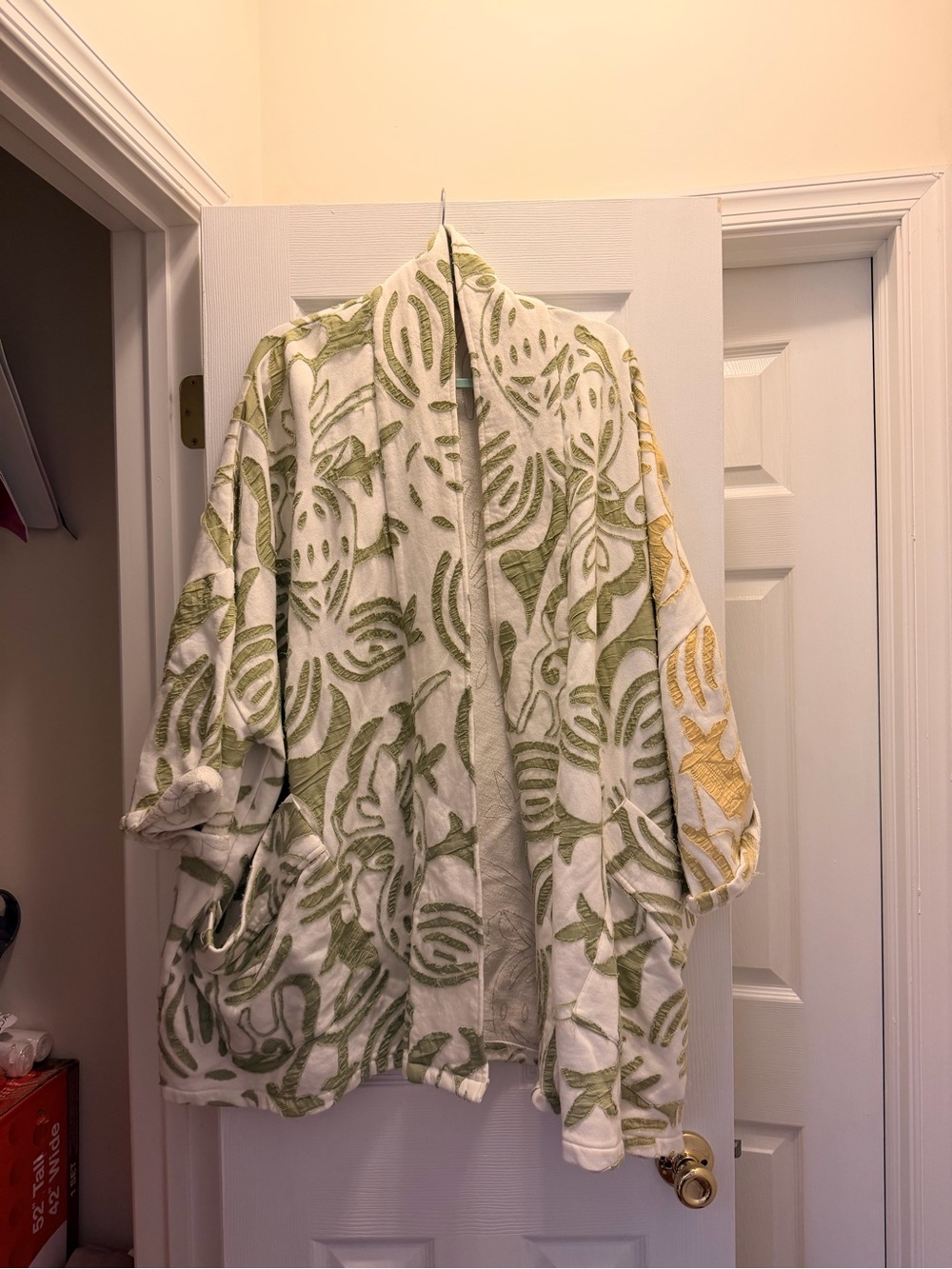 Free People White Open-Front Cardigan with Green & Yellow Botanical Embroidery